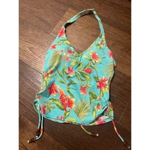 VTG Y2K BEACHBUM Floral Halter Tankini Top Tropical Beaded Ties Sz 8